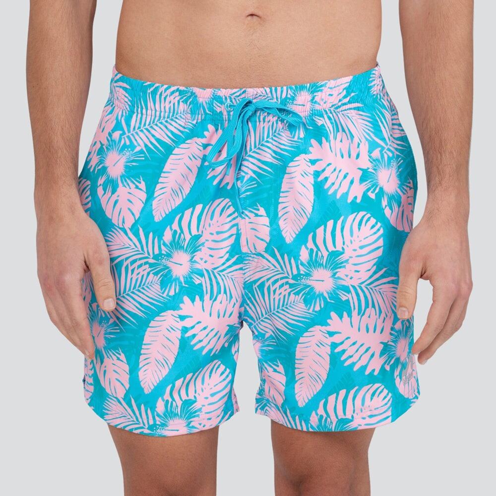 Surf Style Swim Trunks Large Deco Leaves Built-In Boxer Briefs Blue Pink